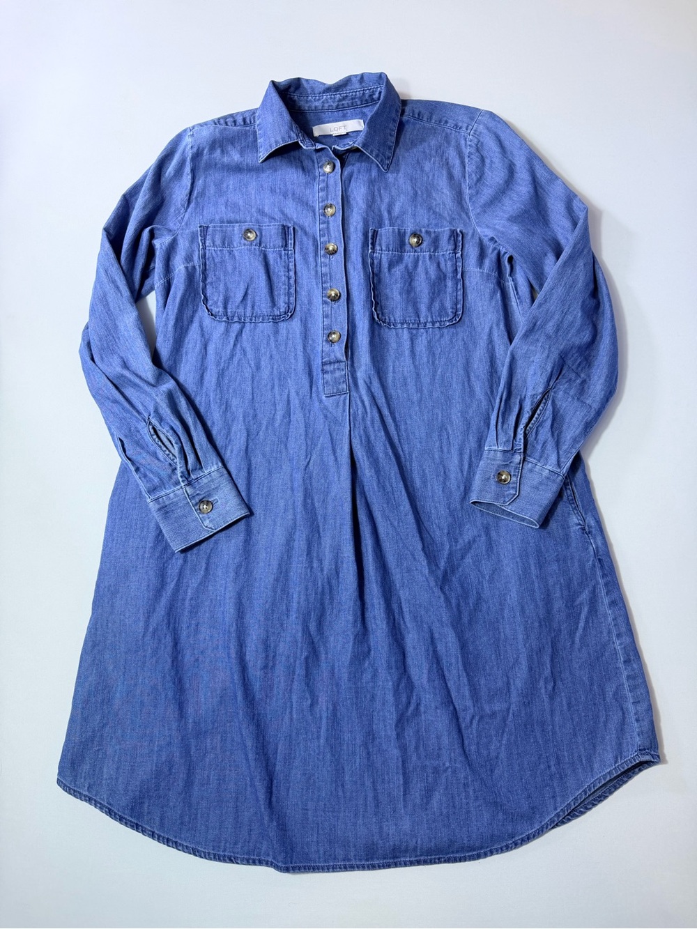LOFT Blue Chambray Button-Front Shirt Dress 100% Cotton